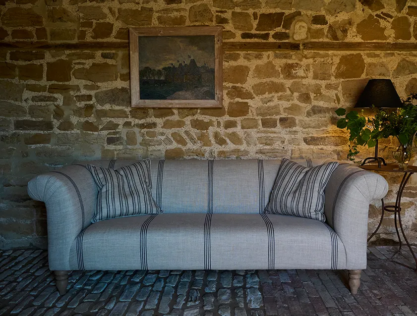 6 Exbury 3 Seater Sofa in Baldersby Woven Linen Stripe Blue with Scatters in Carthorpe & Hovingham Woven Linen Stripe Blue